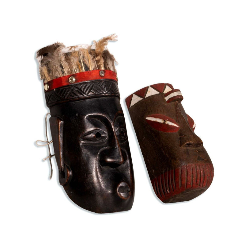 Pair of Vintage African Tribal Hand Carved & Painted Wooden Mask with Feathers