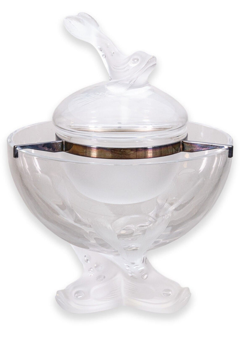 Lalique "Igor" Crystal Glass Caviar Server Dish with Dolphin Finial Lid