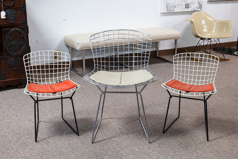 Pair of Childrens Black and White Knoll Bertoia Wire Chairs with Red Cushions