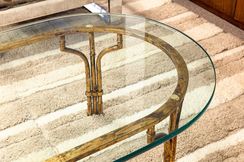 Vintage Hollywood Regency Style Faux Brass Metal Oval Glass Coffee Table