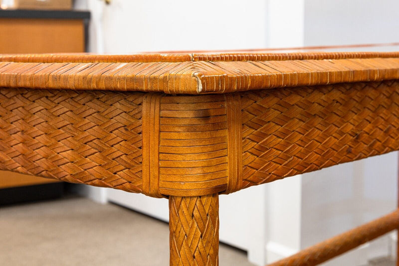 Leather Basket Weave Glass Top Foyer Console Table Attributed to McGuire