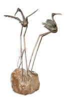 Vintage Curtis Jere Pair of Bronze Cranes on Stone Signed 1969 Table Sculpture