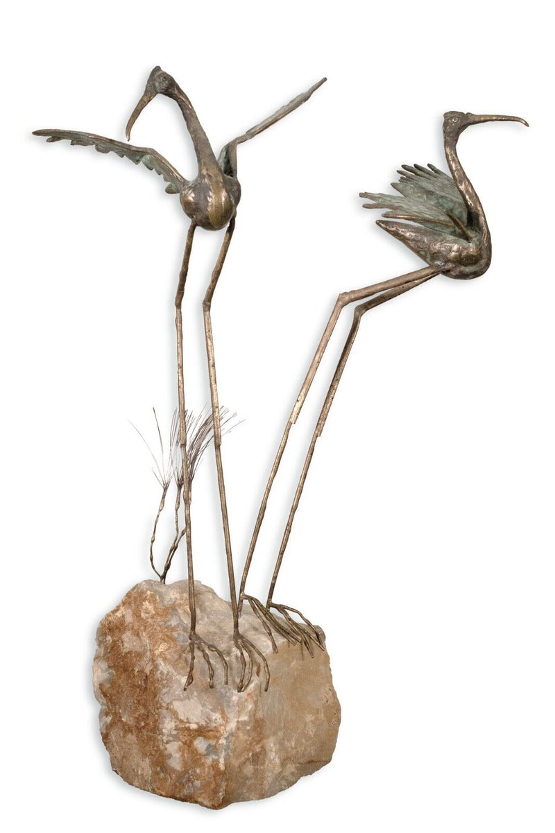 Vintage Curtis Jere Pair of Bronze Cranes on Stone Signed 1969 Table Sculpture