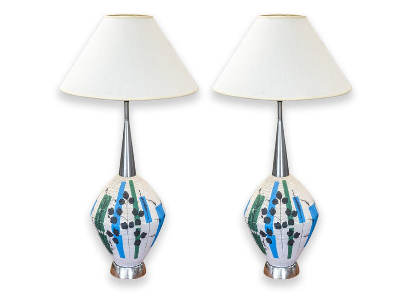 Pair of Italian Mid Century Modern Hand Painted Floral Ceramic Table Lamps