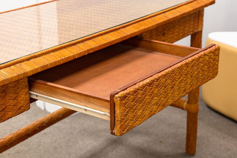 Leather Basket Weave Glass Top Foyer Console Table Attributed to McGuire