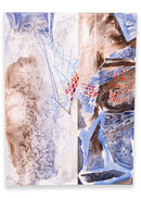 Glen Michaels Modern Blue Red and Brown Watercolor Drawing Unsigned 12hx9w