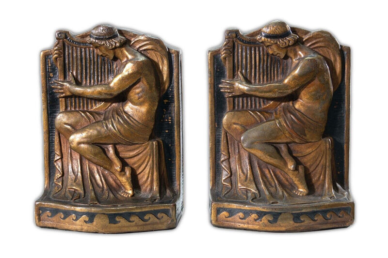 Antique Art Deco Armor Bronze Greek Figure with Music Harp Clad Bookends 1922