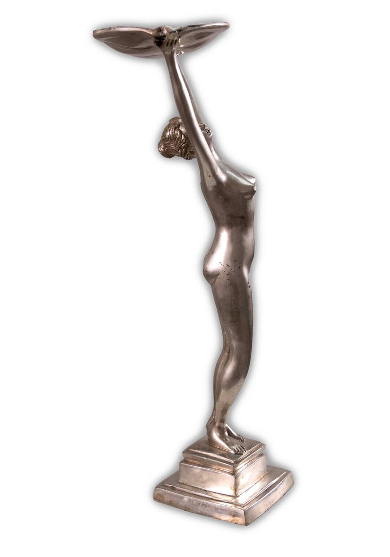 Art Deco Nude Female Figure with Leaf Antique Cast Metal Chrome Sculpture