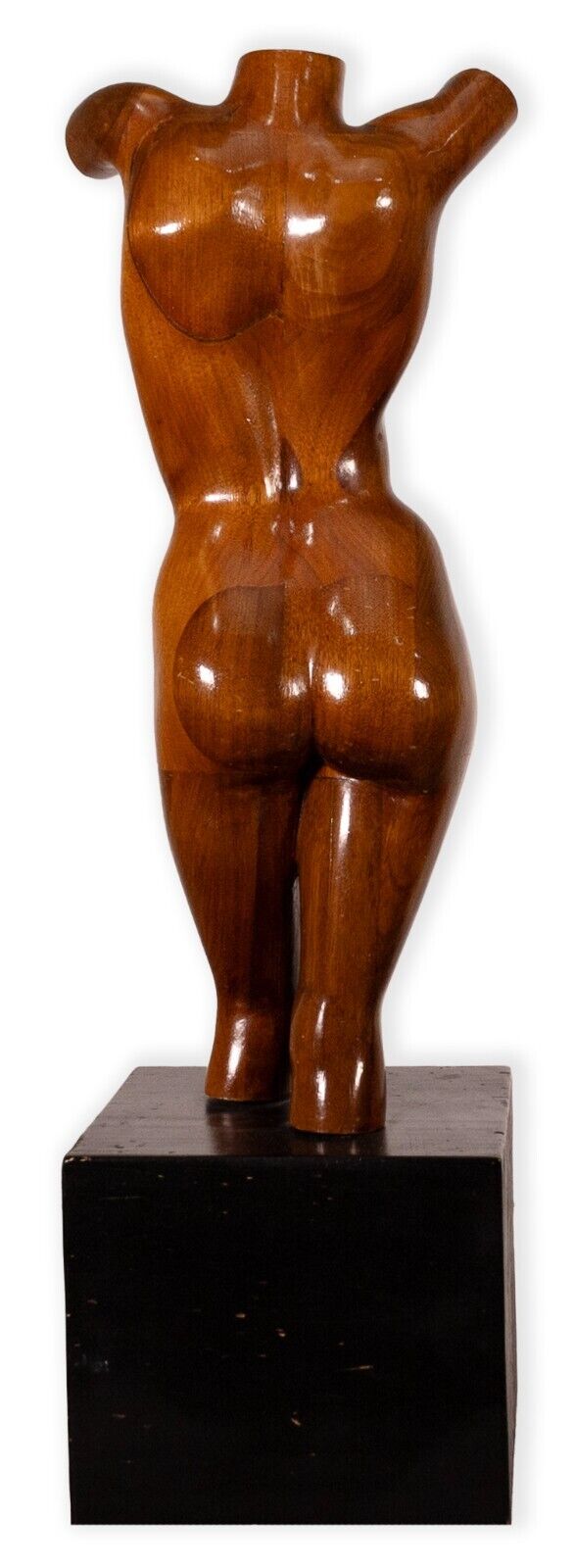 Mid Century Modern Carved Wood Female Figure Bust Sculpture on Black Base