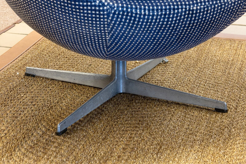 Vintage 1970s Mid Century Modern Arne Jacobsen Egg Chair Blue Checkered Fabric