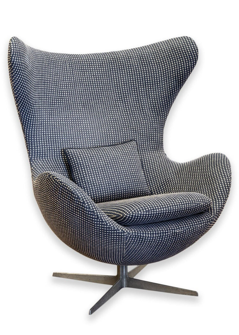 Vintage 1970s Mid Century Modern Arne Jacobsen Egg Chair Blue Checkered Fabric