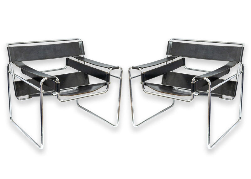 Pair of Early Original Marcel Breuer for Knoll Black Leather Wassily Chairs