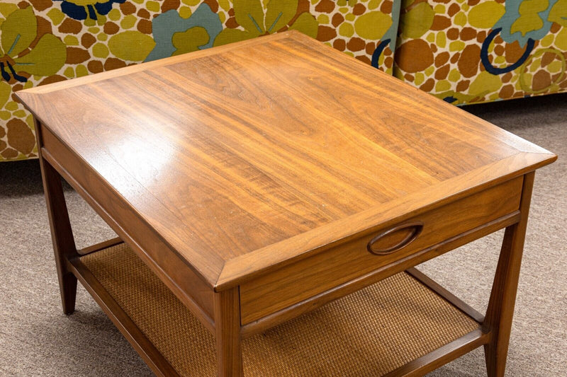 Robinson Furniture Mid Century Modern Walnut Wood and Rattan Side End Table