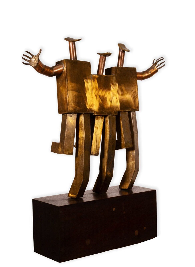 Mid Century Modern Brass Metal Figures Table Sculpture on Black Wood Base