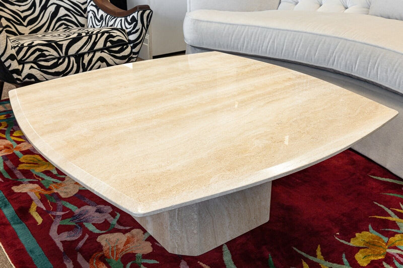 Postmodern Italian 1980s Beige Travertine Marble Rounded Square Coffee Table