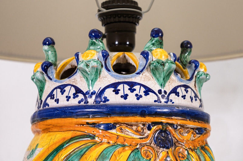 Pair of Italian Caltagirone Painted Ceramic King and Queen Head Table Lamps