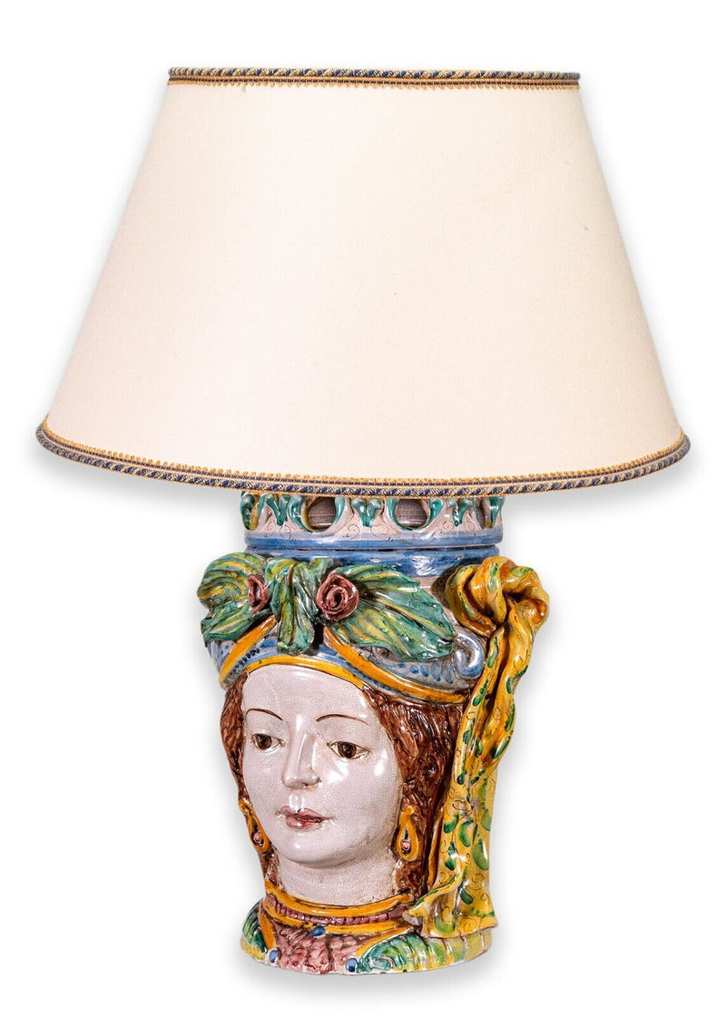 Pair of Italian Caltagirone Painted Ceramic King and Queen Head Table Lamps