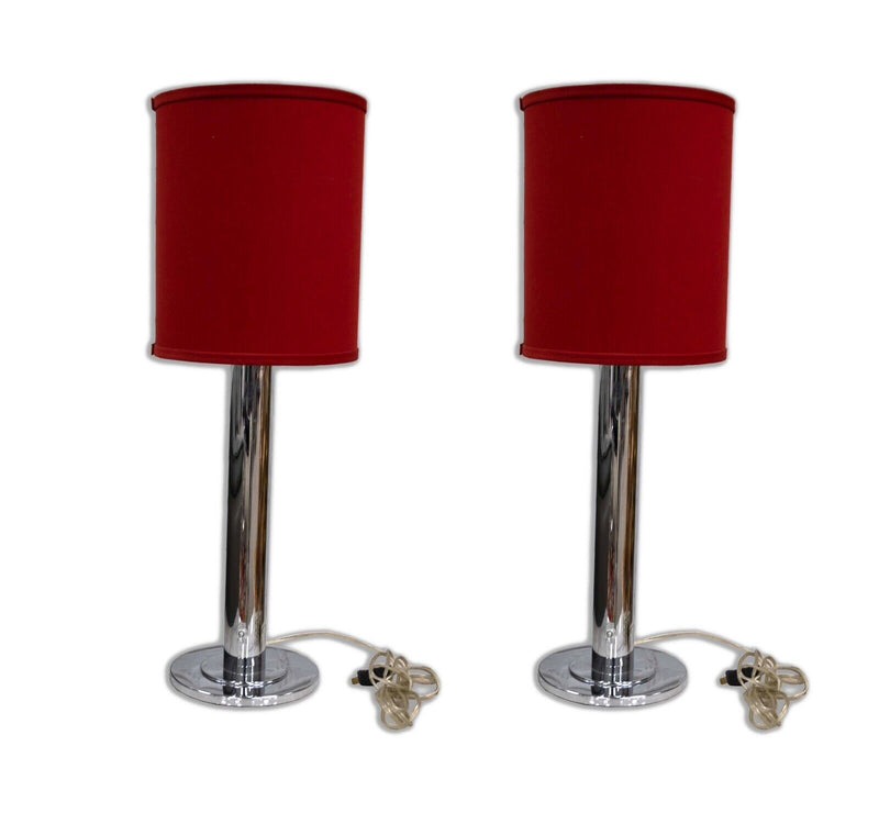 Pair of Nessen Lighting Chrome Table Lamps with Red Shades Contemporary Modern