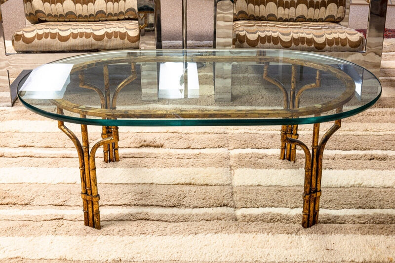 Vintage Hollywood Regency Style Faux Brass Metal Oval Glass Coffee Table