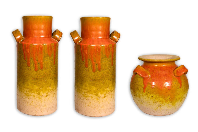 Ceramiche Toscane Italy Set of 3 Orange and Yellow Ceramic Vases 2 Large 1 Small