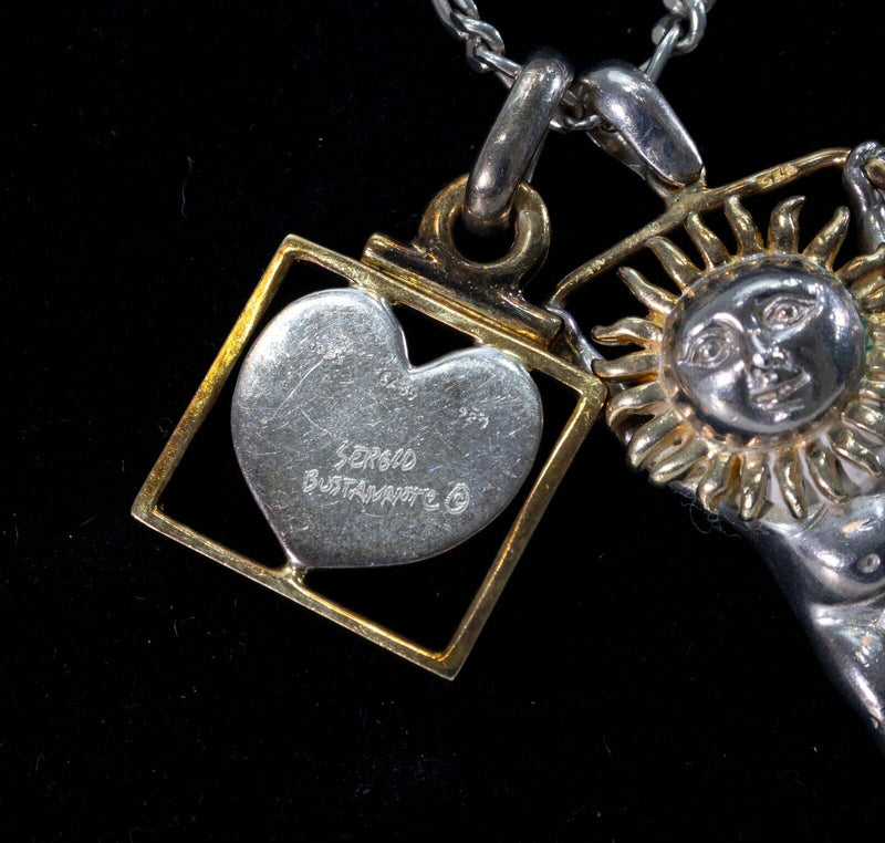 Sergio Bustamante Surreal Heart & Sun Man Necklace Signed Sterling Silver