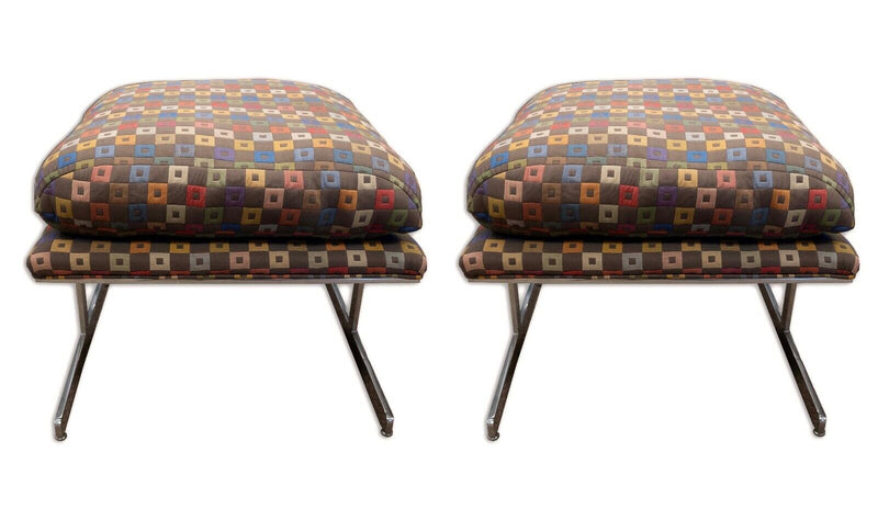 Pair of Milo Baughman Style Colorful Square Patterned Ottomans with Chrome Legs