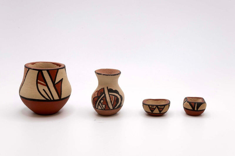 Jemez Pueblo New Mex Mini Set of 4 Hand Painted Fired Earthenware Pottery Signed