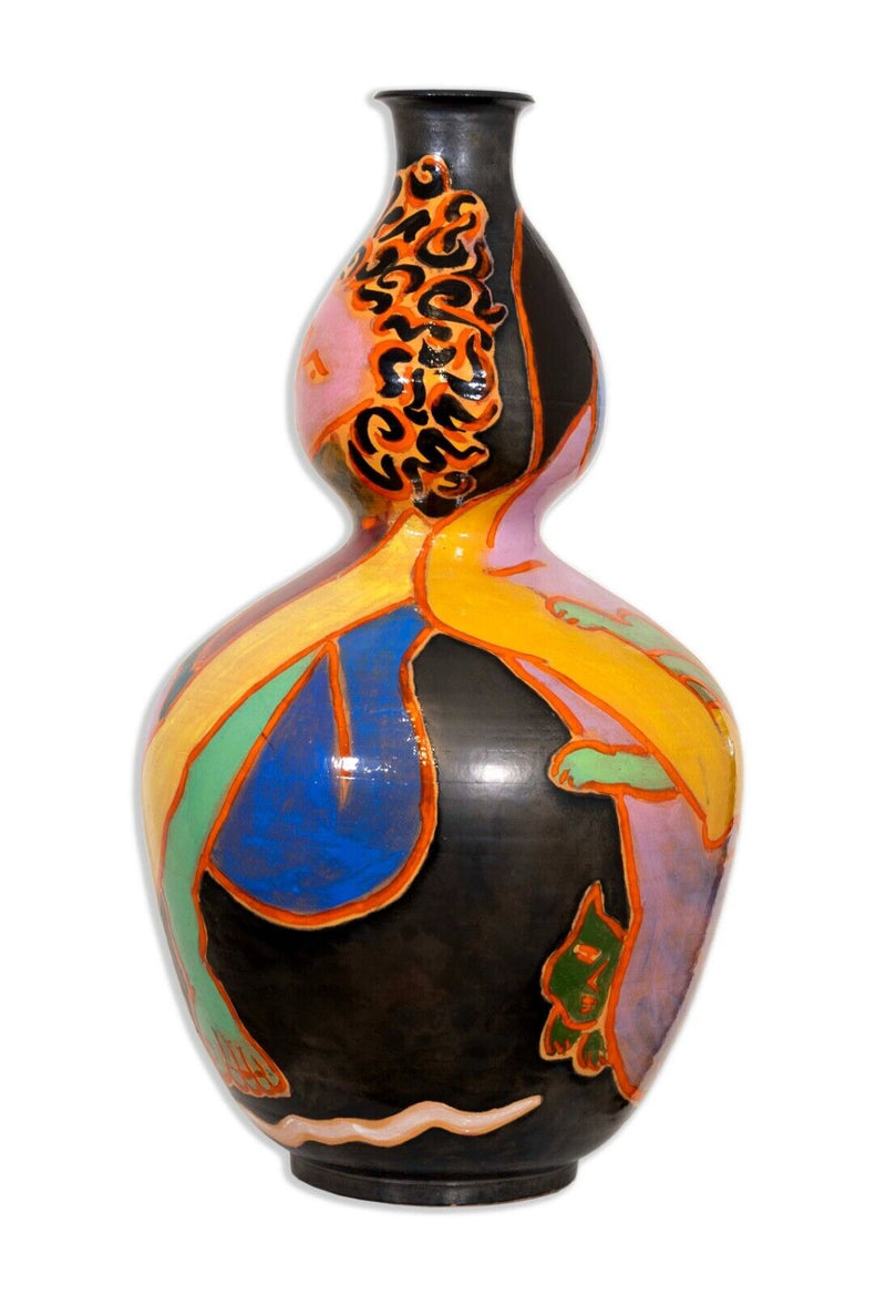 Mattie Leeds Signed Postmodern Ceramic Vessel with Figurative Hand Painted Desig