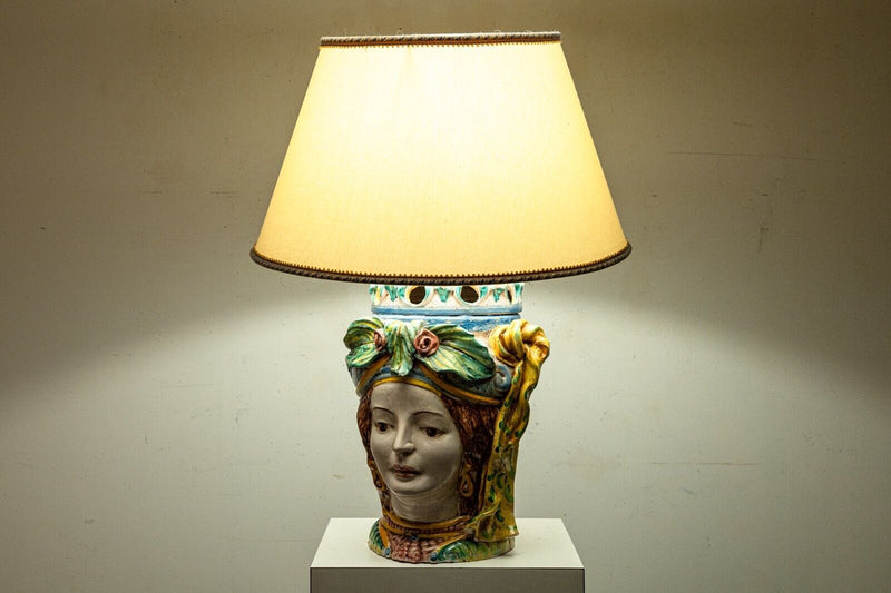 Pair of Italian Caltagirone Painted Ceramic King and Queen Head Table Lamps