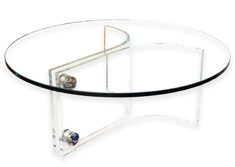 Vladimir Kagan Lucite and Chrome Base Circular Glass Top Coffee Cocktail Table