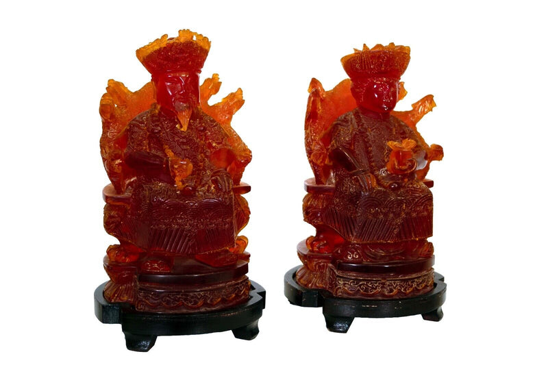 Pair of Seated Empire Chinese Man and Woman Cherry Resin on Wooden Bases