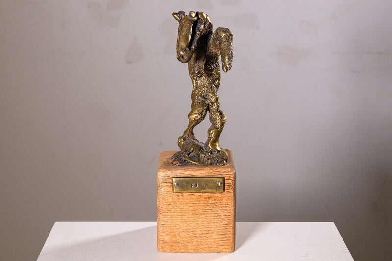 Fu Vintage Bronze Abstract Sculpture on Wood Base