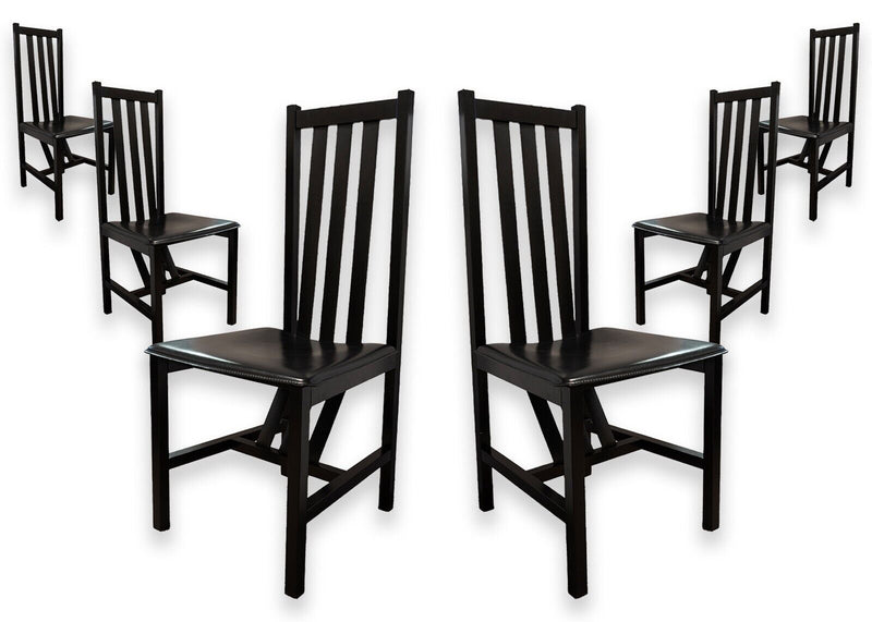 Set of 6 Black Wood and Leather Strap Contemporary Dining Chairs Made in Italy