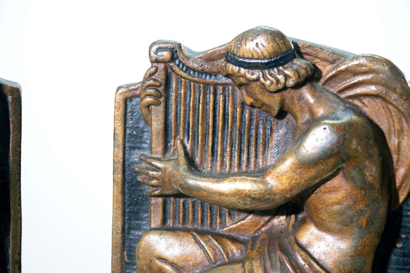 Antique Art Deco Armor Bronze Greek Figure with Music Harp Clad Bookends 1922