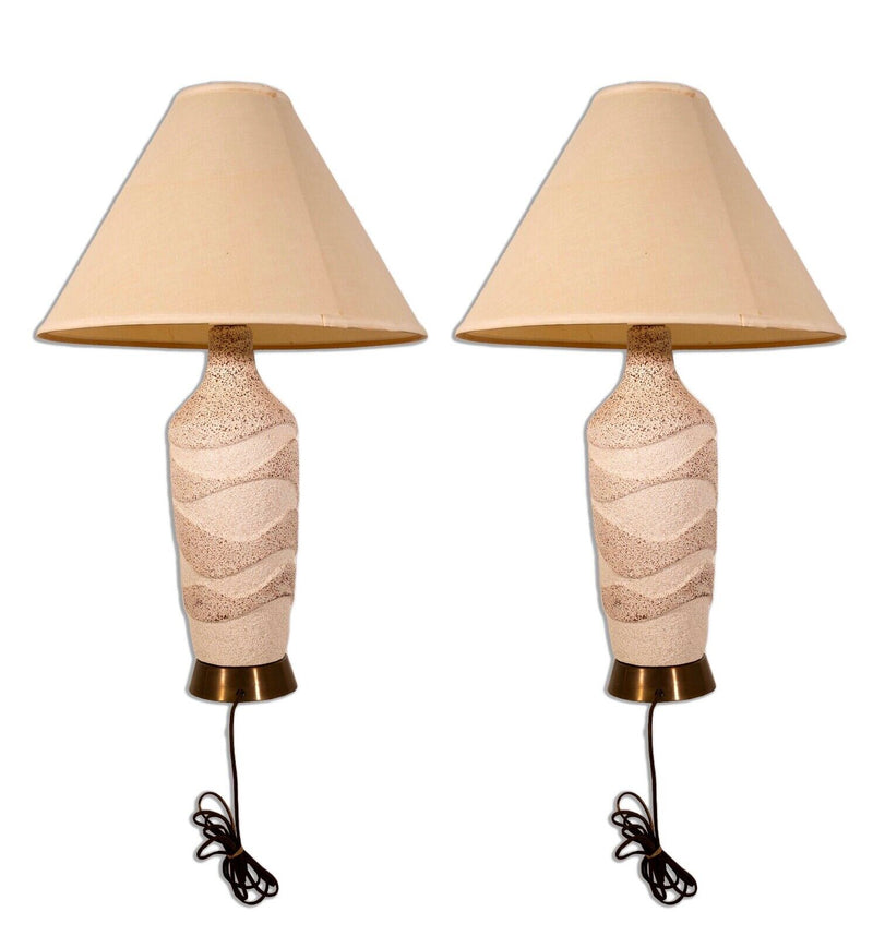 Pair of Waved Textured Ceramic Lamps Mid Century Modern
