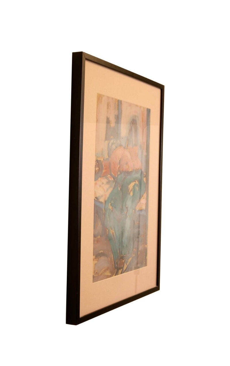 Modern Impressionist Floral Still Life Mixed-Media Painting Paper Signed Framed