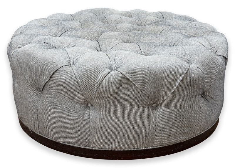 Large Custom Made Contemporary Modern Round Gray Tufted Ottoman on Wood Base