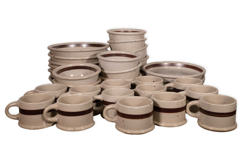 Set of 32 Dansk BLT Sandstone Brown and Off White Ceramic Dishes Circa 1980