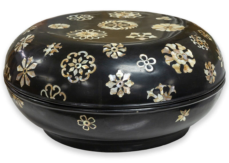 Mother of Pearl Inlay Round Black Wood Decorative Box