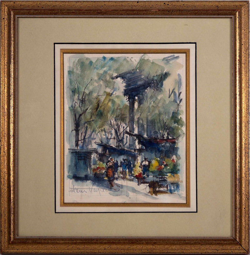 Set of 4 Parisian Original Antique Vintage Watercolor on Paper Signed Framed 60s