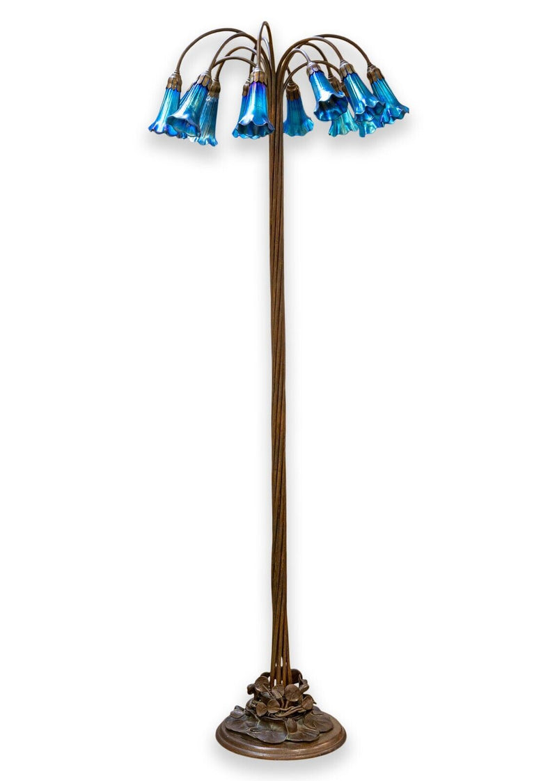 Tiffany Style Bronze Floor Lamp with 12 Blue Glass Shades by Charles Lotton