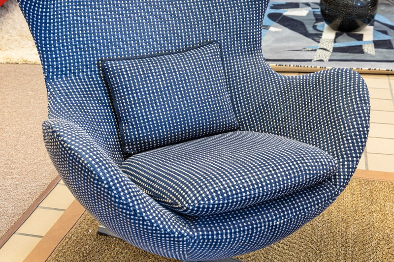 Vintage 1970s Mid Century Modern Arne Jacobsen Egg Chair Blue Checkered Fabric