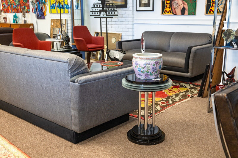 Postmodern Black Lacquer Chrome and Glass Round Circular Pedestal Side End Table