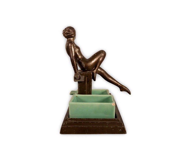 Art Deco Female Nude Figure Metal Sculpture w/ Jadeite Bowls A. Von Frankenberg