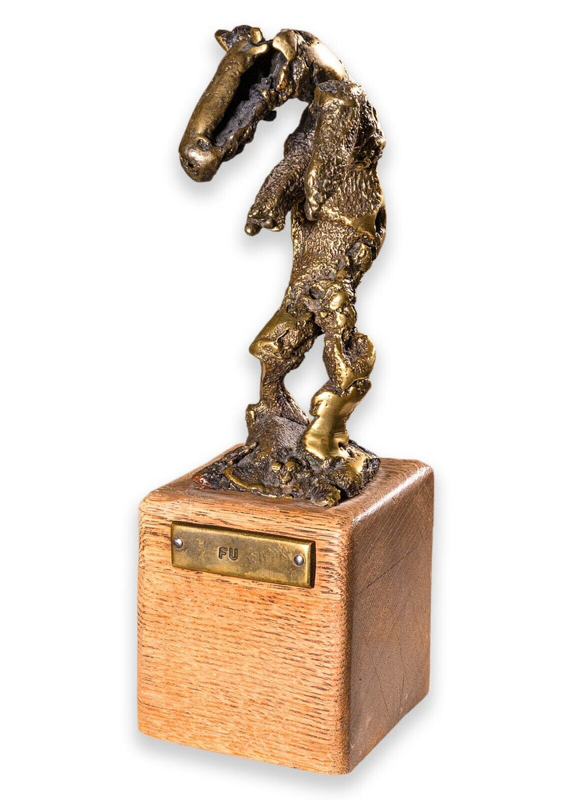 Fu Vintage Bronze Abstract Sculpture on Wood Base