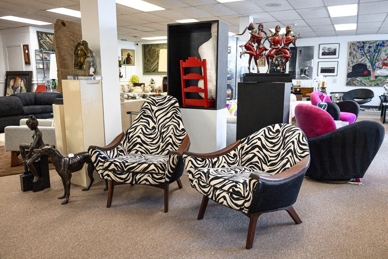 Pair of Adrian Pearsall Style Zebra Print Upholstery His and Hers Accent Chairs