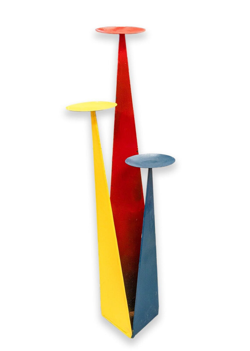 Mid Century Modern Retro Metal Hand Painted Red Yellow Blue 3 Arm Candle Stand