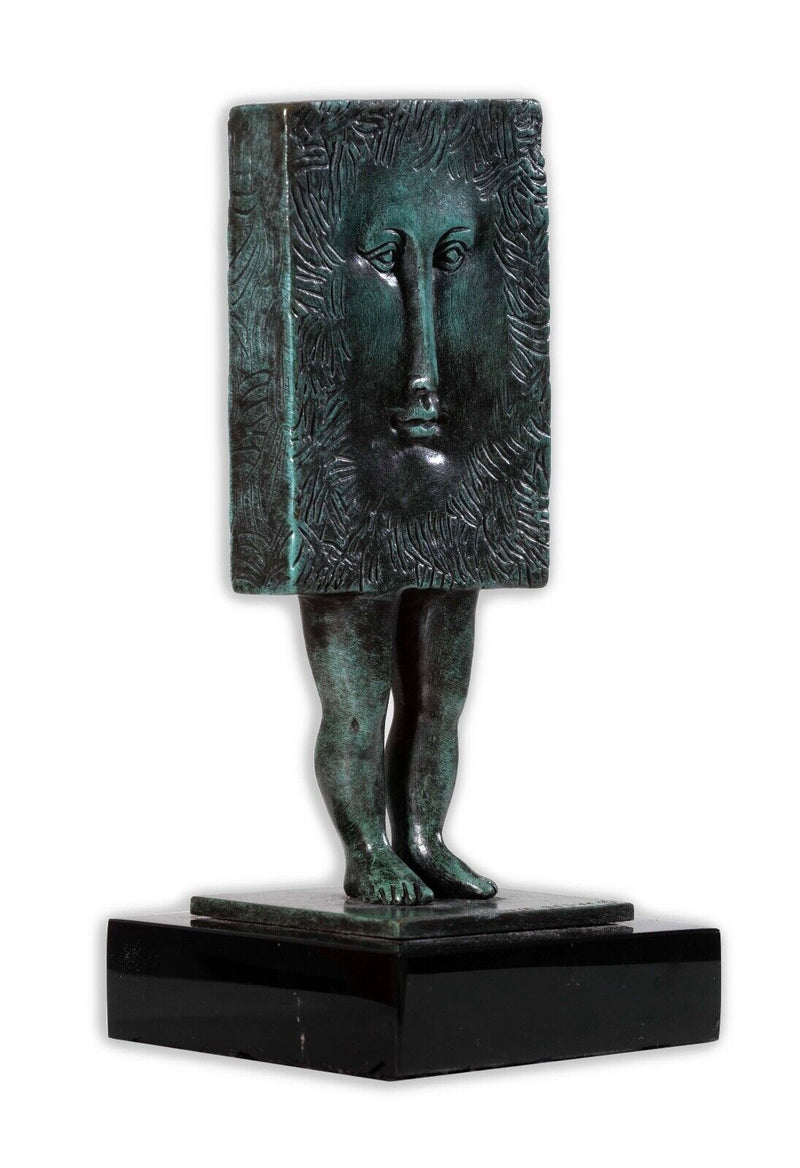 Sergio Bustamante Surrealist Square Figure Signed Contemporary Bronze Sculpture