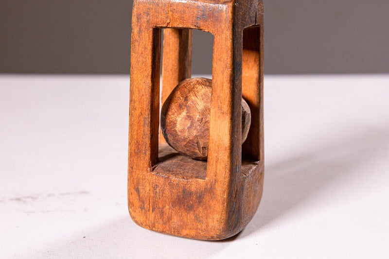 Antique WWI Trench Art Wooden Miniature Toy Hand-Carved Ball in Cage 1910s