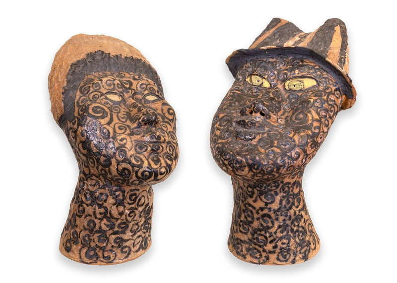 Fumio Takasugi Signed Modern Pair of Hand Painted Asian Head Ceramic Sculptures